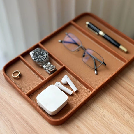 Leather Tray, Stylish and Organized Multifunctional Tray, for Table Entryway, Premium PU Leather, Tray for Keys, Watch, Wallet, Jewelry, and More (Brown )