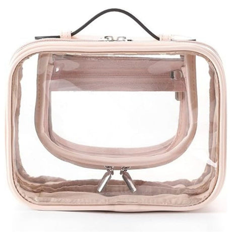 Travel Clear Toiletry Bag Makeup Bag, Cosmetics Case Toiletry Bag with Handle, Zipper Makeup Handbag Transparent Waterproof Large Capacity Storage Organizer for Women Girls（Pink）