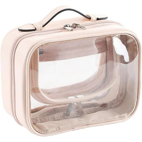 Travel Clear Toiletry Bag Makeup Bag, Cosmetics Case Toiletry Bag with Handle, Zipper Makeup Handbag Transparent Waterproof Large Capacity Storage Organizer for Women Girls（Pink）