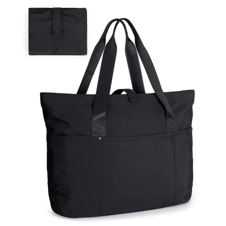 Tote Bag for Women, Foldable Tote Bag With Zipper Travel Large Shoulder Bag Handbag for Work（Black）