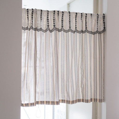 Black and white striped lace curtain head door curtain, kitchen small curtain, translucent blocking curtain Width 135 * Height 60cm [excluding pole]