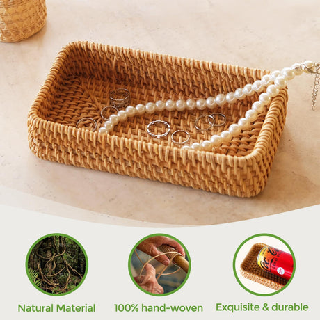 Small Rattan Serving Tray, Natural Wicker Decorative Tray Handwoven for Keys Trinkets Rings Cosmetics, Decorative Jewelry Perfume Tray for Coffee Table Entryway Living Room(Small)