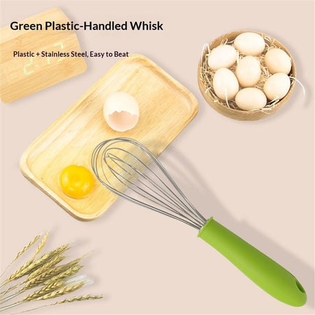Stainless steel manual egg beater with silicone handle, egg white and cream whisk, household and commercial baking tools, mixer（Green P-handle egg beater 10 inches）