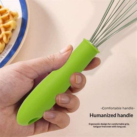 Stainless steel manual egg beater with silicone handle, egg white and cream whisk, household and commercial baking tools, mixer（Green P-handle egg beater 10 inches）