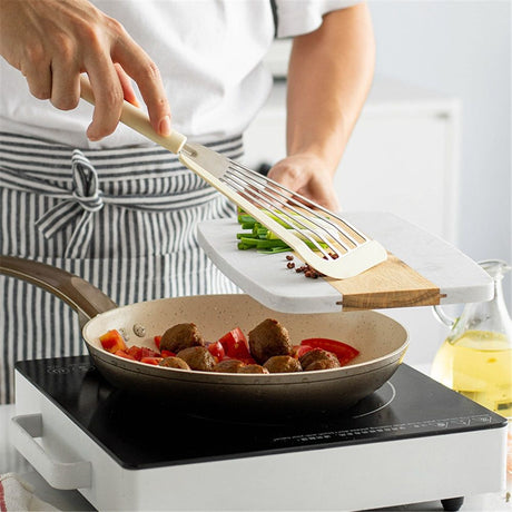 Beige Fish Spatula Turner,Silicone Edge Slotted Fish Spatulas for Kitchen,Flexible and Thin Stainless Steel Nonstick Cooking for Pancake