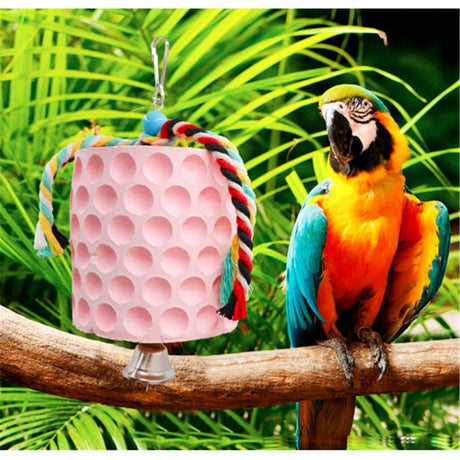 Bird chewing toys, parrot beak grinding calcium stones, with bells, birdcage accessories, parrot cub, hamster, Totoro cage toys（Pink）