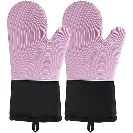 A pair of Silicone Oven Mitts- Extended Oven Mitts Heat Resistant , Oven Gloves with Soft Liner Good  to Clean Flexible-Oven Mits Set for Cooking Baking Grilling BBQ（Flat threaded gloves purple）
