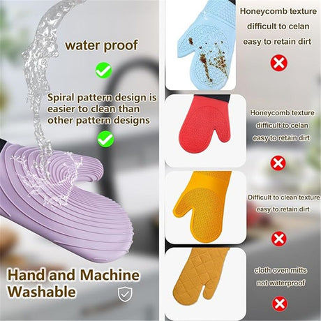 A pair of Silicone Oven Mitts- Extended Oven Mitts Heat Resistant , Oven Gloves with Soft Liner Good  to Clean Flexible-Oven Mits Set for Cooking Baking Grilling BBQ（Flat threaded gloves purple）