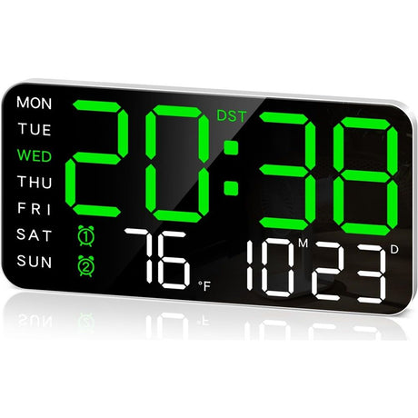 Large Digital Wall Clock, Led Alarm Clock with Big Digits, Date, Temperature, DST, Modern Decor Design for Desk,Brightness for Room, Bedroom, Gift, Yougster and Elderly(White shell green light)