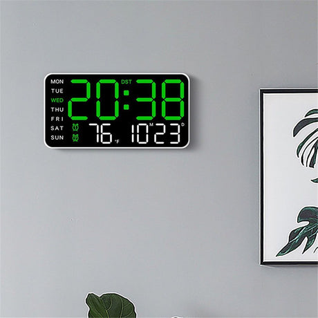 Large Digital Wall Clock, Led Alarm Clock with Big Digits, Date, Temperature, DST, Modern Decor Design for Desk,Brightness for Room, Bedroom, Gift, Yougster and Elderly(White shell green light)