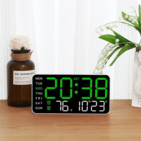Large Digital Wall Clock, Led Alarm Clock with Big Digits, Date, Temperature, DST, Modern Decor Design for Desk,Brightness for Room, Bedroom, Gift, Yougster and Elderly(White shell green light)