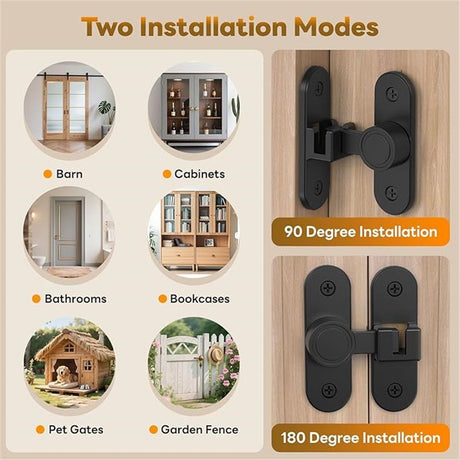 Barn Door Locks, 90/180 Degree Right Angle Flip Gate Latch Fit for Bedroom, Garden, Cabinet - Sturdy and Secure Sliding Barn Door Lock (Black-2 Pcs)
