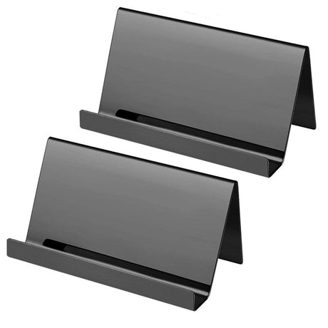 2pcs Business Card Holder, Reflective  Stainless Steel Desktop Name Cards Display Stand for Office Desk, Black