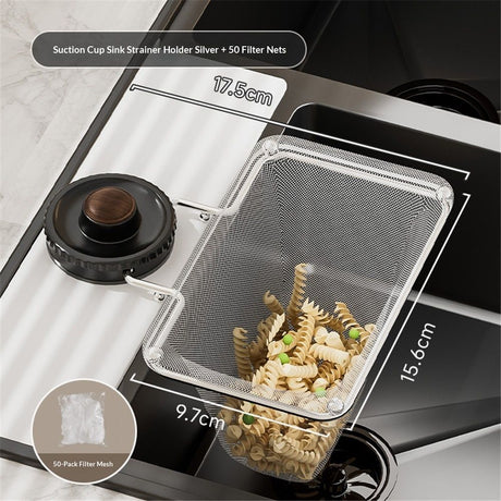Kitchen Sink Strainer with Filter Mesh Bag, Suction Cup Food Waste Filter Basket, Foldable Washing Vegetables and Fruits Drying Bag Holder (Black Sink Strainer2pcs +100pcs Mesh Bag)