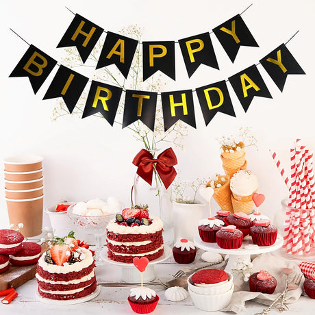2pcs Black Gold Happy Birthday Banner Birthday Party Supplies for Adult Boy Girl  Black Bday Party Decorations & Decor for Men & Women.