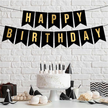 2pcs Black Gold Happy Birthday Banner Birthday Party Supplies for Adult Boy Girl  Black Bday Party Decorations & Decor for Men & Women.