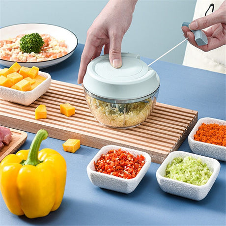 Manual Food Processor Vegetable Chopper, Portable Hand Pull String Garlic Mincer Onion Cutter for Veggies, Ginger, Fruits, Nuts, Herbs, etc.,  Blue