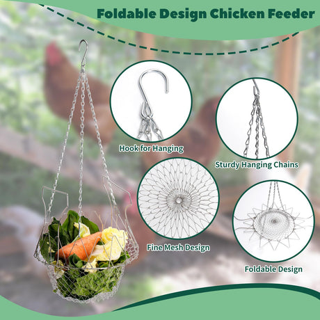 Hanging Chicken Treat Feeder, Fordable Chicken Vegetable Hanging Feeder for coop, Sturdy Chicken Treat Dispenser with Hanging Chain Chicken Accessories