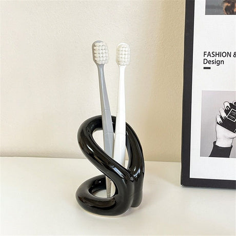 Handmade Ceramic Holder Stand for Toothbrushes, Makeup Brushes, and Pens - Minimalist Design for Bathroom Vanity and Countertops Decor (Black)