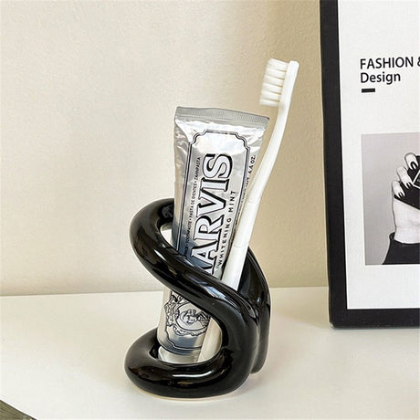 Handmade Ceramic Holder Stand for Toothbrushes, Makeup Brushes, and Pens - Minimalist Design for Bathroom Vanity and Countertops Decor (Black)
