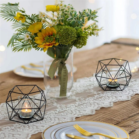 Candle Holder Tealight Holders - 2 Pcs Black Candle Holders for Tea Light & Pillar Candles， Geometric Table Decor for Wedding Party Centerpieces Birthday Gifts