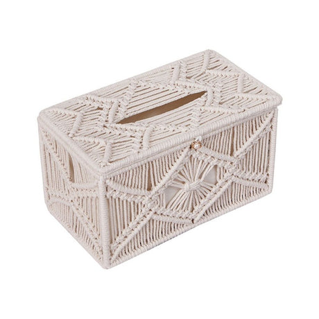 Handmade Tissue Box Cover Rectangle Decorative Boho Tissue Holder Cotton Rope Woven Napkin Facial Paper Organizer Bohemian Desk Storage Container (Ivory)