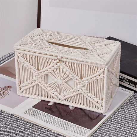 Handmade Tissue Box Cover Rectangle Decorative Boho Tissue Holder Cotton Rope Woven Napkin Facial Paper Organizer Bohemian Desk Storage Container (Ivory)
