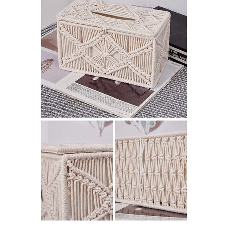 Handmade Tissue Box Cover Rectangle Decorative Boho Tissue Holder Cotton Rope Woven Napkin Facial Paper Organizer Bohemian Desk Storage Container (Ivory)