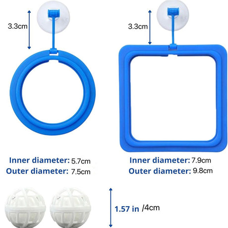 2 set Turtle Feeding Ring with Suction Cup and Nitrifying Balls Fish Food Holder Aquatic Toys for Turtles Tortoise Goldfish Guppy Koi Puffer Turtle Tank Accessories (Square & Circle)
