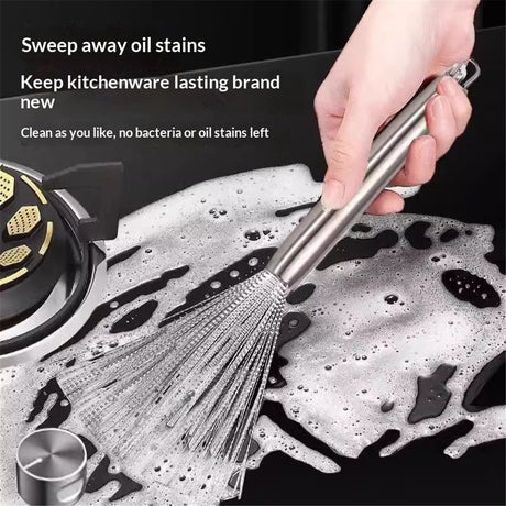 2 pack Cookware Scrubber Brush Stainless Steel Material, Long-Handled Dishwashing Brush with Ergonomic Design, Kitchen Cleaning Brush, Dishwashing Scrubber for Pots Skillets Ovens Grills