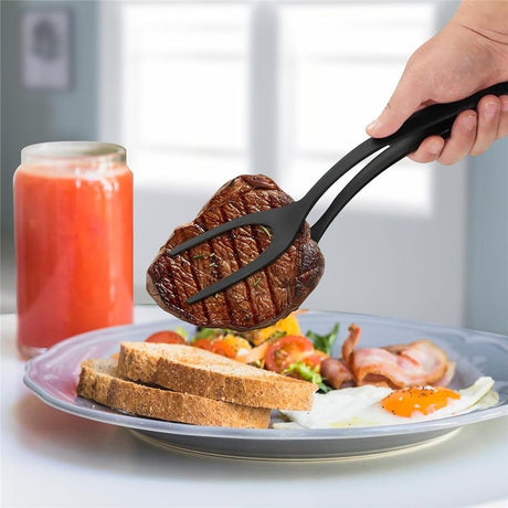2 pack Kitchen Cooking Spatula, 2 in 1 Egg Silicone Fried Egg Grip Flip Tongs Double Sided Turner Multi Purpose Non stick Kitchen Shovel for Bread Fish Pancake Toast（black）