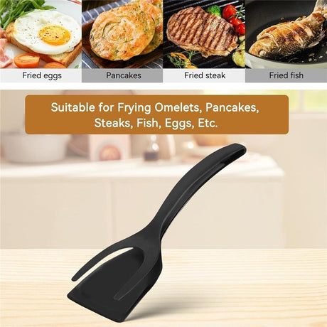 2 pack Kitchen Cooking Spatula, 2 in 1 Egg Silicone Fried Egg Grip Flip Tongs Double Sided Turner Multi Purpose Non stick Kitchen Shovel for Bread Fish Pancake Toast（black）