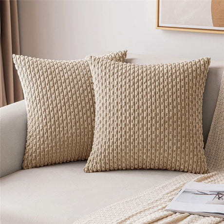 Textile Throw Pillow Covers Soft Corduroy Decorative Set of 2 Boho Striped Pillow Covers Pillowcases Farmhouse Home Decor for Couch Bed Sofa Living Room 18x18 Inch（pillowcase only）