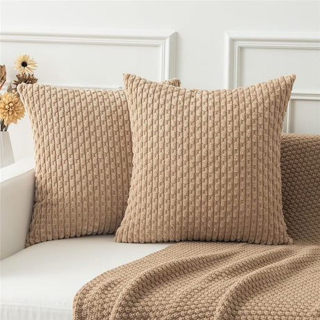 Textile Throw Pillow Covers Soft Corduroy Decorative Set of 2 Boho Striped Pillow Covers Pillowcases Farmhouse Home Decor for Couch Bed Sofa Living Room 18x18 Inch（pillowcase only）