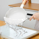 2 pack Pan Pot Strainer with Handle Stainless Steel Hand Held Crescent Drainer for Spaghetti Fry Noodles Fruit Vegetable Pasta Strainer Heavy Duty Food Drainers