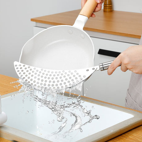 2 pack Pan Pot Strainer with Handle Stainless Steel Hand Held Crescent Drainer for Spaghetti Fry Noodles Fruit Vegetable Pasta Strainer Heavy Duty Food Drainers