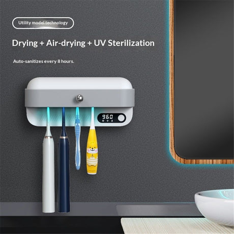Toothbrush Dryer Holder, Heating Plate and Fan Drying Function, Rechargeable and Timing Tooth Brush Holder Wall-Mounted for Bathroom, No Drilling, 4 Slots