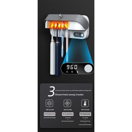 Toothbrush Dryer Holder, Heating Plate and Fan Drying Function, Rechargeable and Timing Tooth Brush Holder Wall-Mounted for Bathroom, No Drilling, 4 Slots