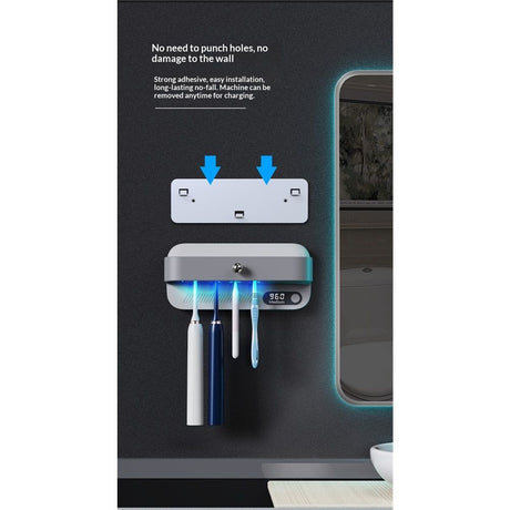 Toothbrush Dryer Holder, Heating Plate and Fan Drying Function, Rechargeable and Timing Tooth Brush Holder Wall-Mounted for Bathroom, No Drilling, 4 Slots