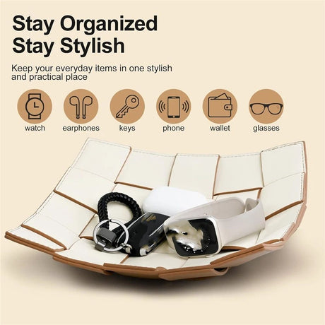 PU Leather Key Bowl for Men Women Entryway Table Nightstand Dump Tray for Wallet, Keys, Jewelry Men's Gift - Coffee & White, 23*6.5cm（only the box）