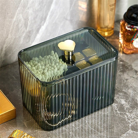 Holder Dispenser 3-Section Clear Cotton Swab/Pad/Ball Holder Container 3 Grids Bathroom Organizer Jar Cosmetics Storage for Vanity(Green,only box)