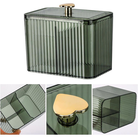 Holder Dispenser 3-Section Clear Cotton Swab/Pad/Ball Holder Container 3 Grids Bathroom Organizer Jar Cosmetics Storage for Vanity(Green,only box)