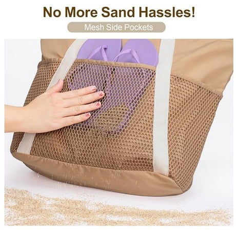 Beach Bag Large Waterproof Sandproof Foldable Tote for Women with Zipper Mesh Pockets for Pool Swim Travel Everyday