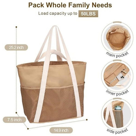 Beach Bag Large Waterproof Sandproof Foldable Tote for Women with Zipper Mesh Pockets for Pool Swim Travel Everyday