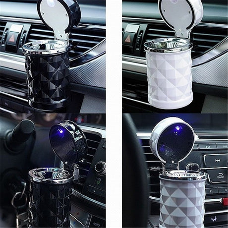 2 pack Auto Car Ashtray Portable with LED Light Ashtray Smokeless Smoking Stand Cylinder Cup Holder (Black and White)