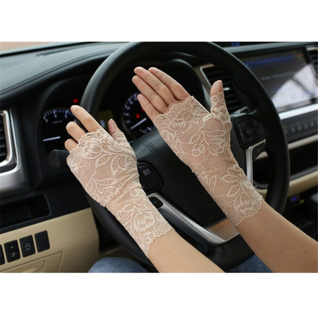 2 pairs Women Sunblock Short Lace Half Fingerless Gloves Fancy Wrist Length Bridal Wedding Events Party Glove （skin color）