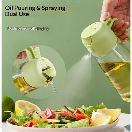 2 in 1 Glass Oil Sprayer & Dispenser, Premium Olive Oil Dispenser Bottle for Kitchen, Food-grade Oil Spray Bottle for Cooking, Air Fryer, Frying, BBQ (Green-470ml)