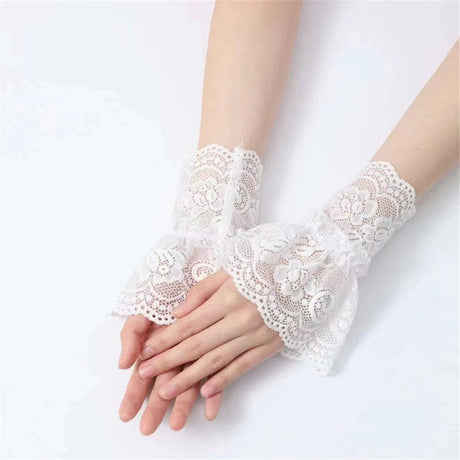 2 pairs Women's Short Lace Gloves Fingerless for Driving Wedding Wrist Length Bridal Prom Gloves（white）