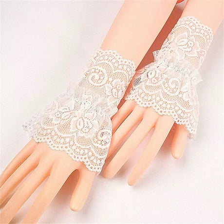 2 pairs Women's Short Lace Gloves Fingerless for Driving Wedding Wrist Length Bridal Prom Gloves（white）