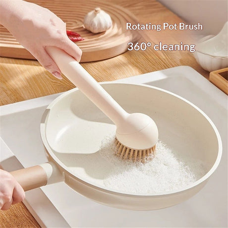 2 pack Dish Brush Set with Soap Dispensing Palm Brush Dish Scrub Brush with Soap Dispenser Palm Dish Brush Kitchen Cleaning Brush with Ergonomic Long Handle for Cleaning Sink, Pot, Pan, Cream Yellow